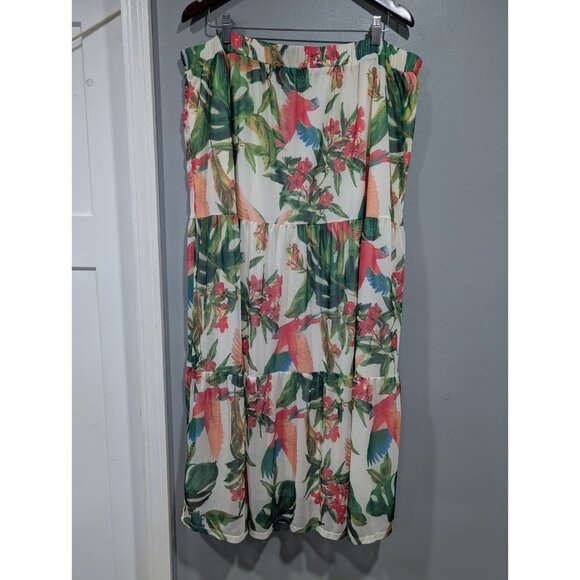 G by Guliana Printed Aria Mesh Tiered Maxi Skirt Green Tropical Parrot Sz 2X - Picture 2 of 15
